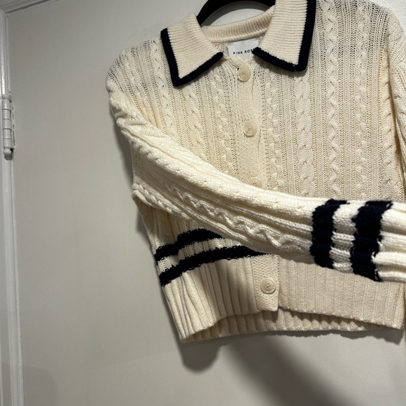 NWT Pink Rose Preppy Cream & Navy  Cable Knit Collared Cardigan. Ribbed Hem XS. - Picture 11 of 15